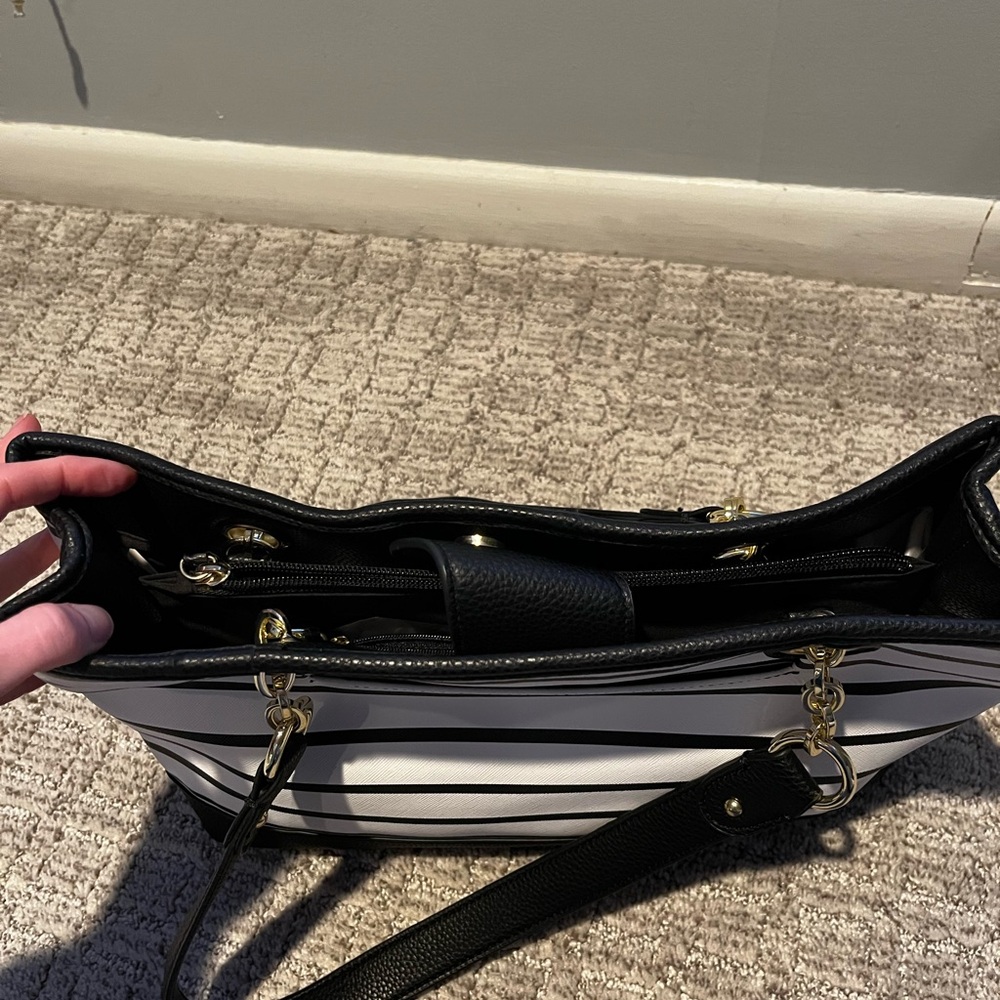 Liz Claiborne Black and White Stripe Tote with Gold Accents - Picture 3 of 7